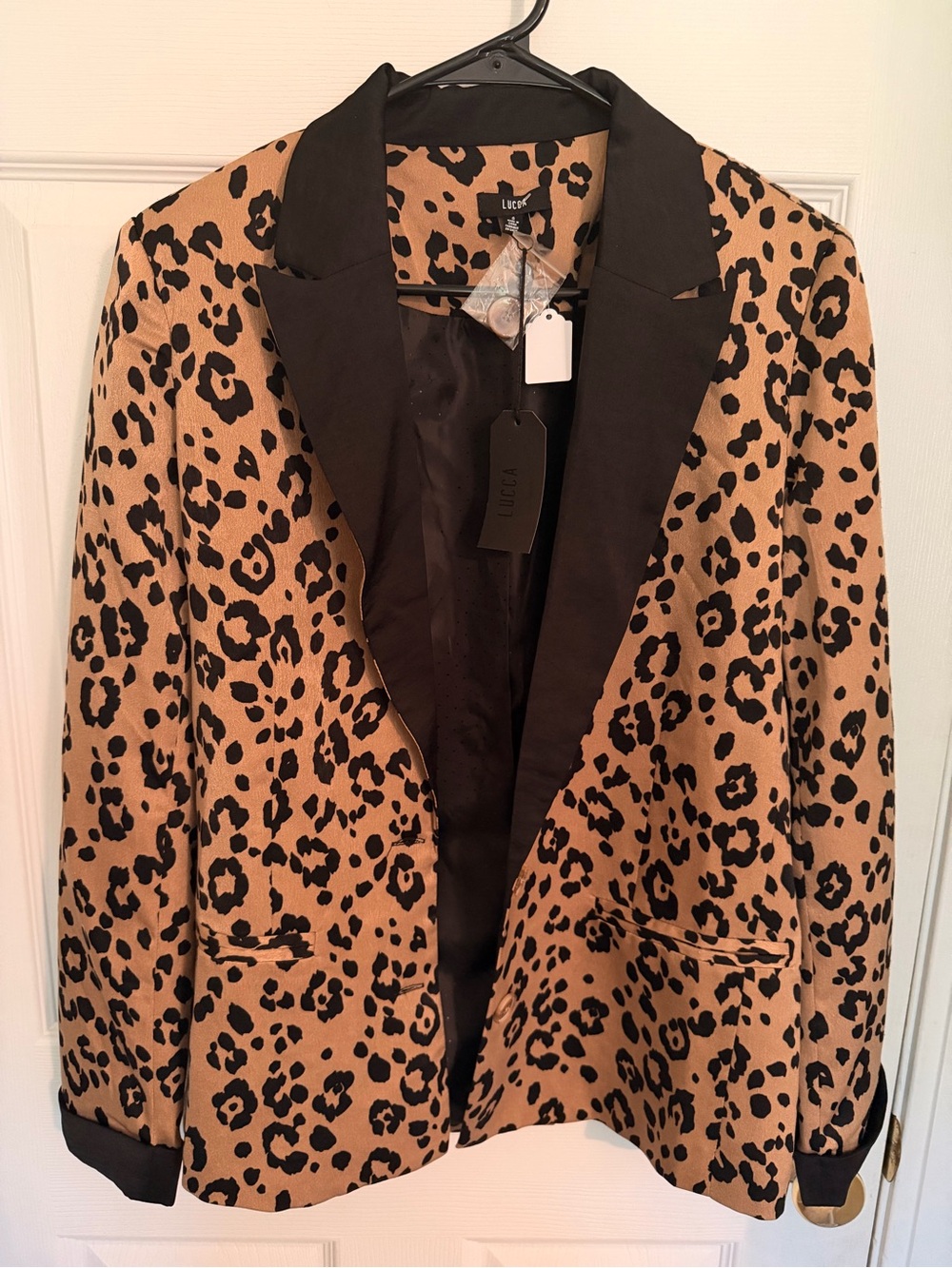Leota Leopard-Print Blazer with Black Satin Lapel
